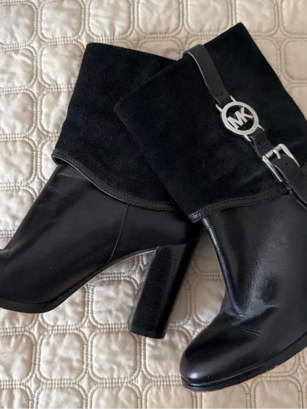Michael Kors Black Leather & Suede Block Heel Mid-Calf Boots